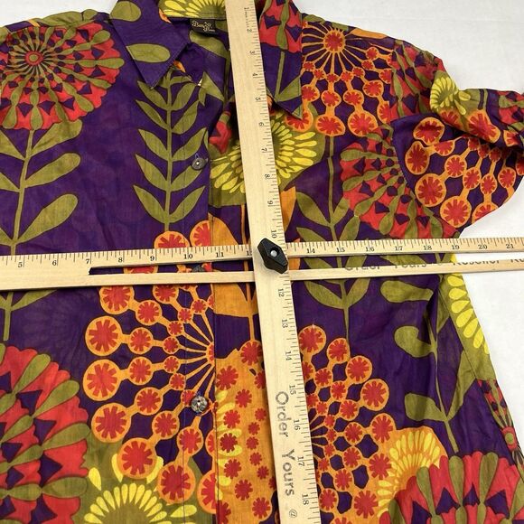 Bam Bam Boho Button Shirt Retro Floral Mod Print 3/4 Sleeve Festival Blouse L - Picture 8 of 11